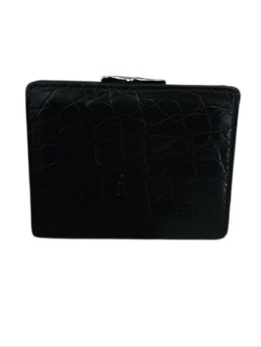 Vintage Cowhide Leather Coin Purse Wallet Black Croc Embossed Kiss Lock Compact